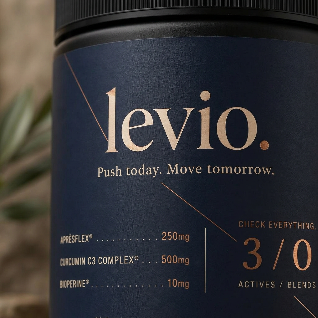 Macro detail of the Levio label typography showing printed milligram doses