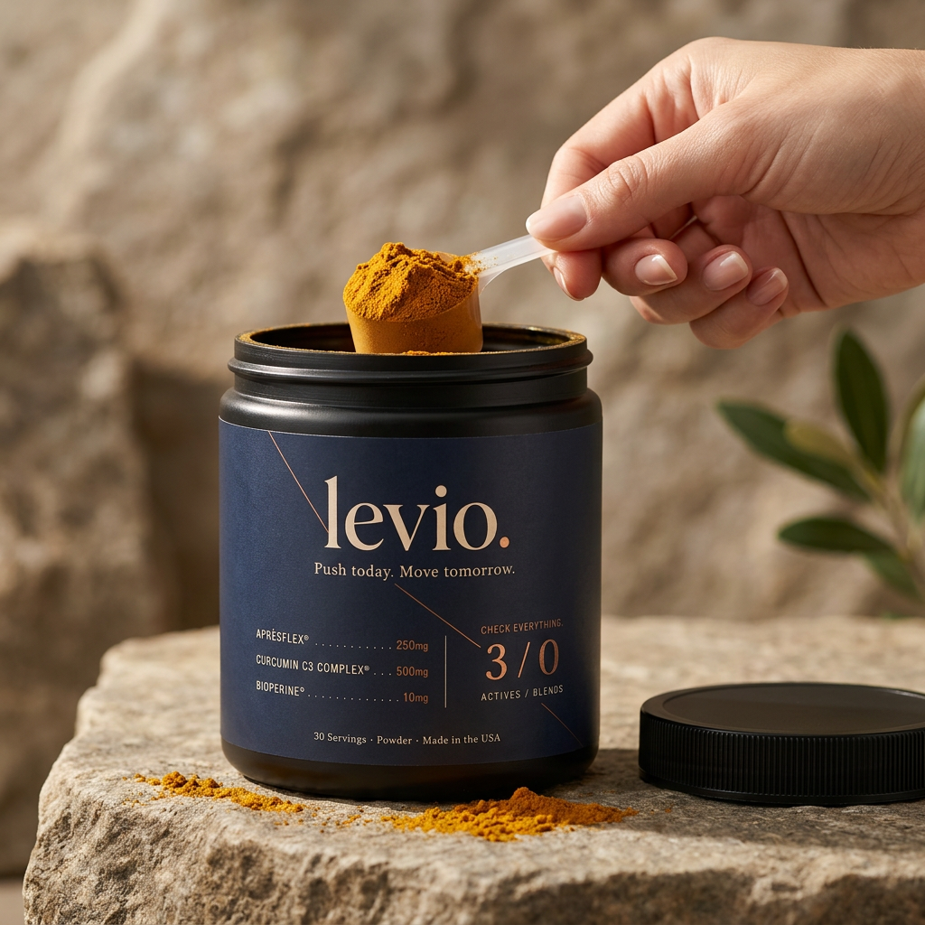 A scoop of Levio powder lifted from the tub, fine turmeric-orange dust catching the light