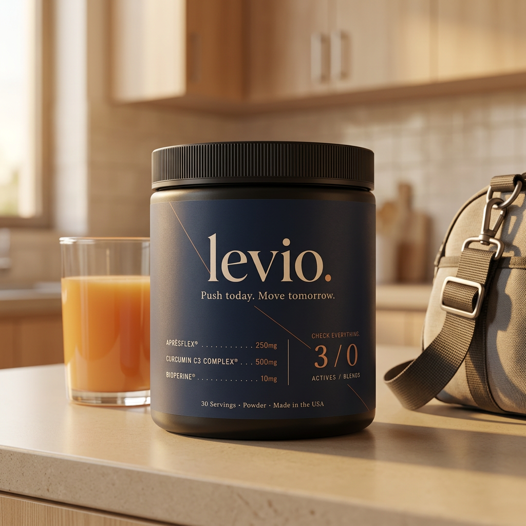 Levio tub on a travertine ledge beside a glass of water in soft daylight