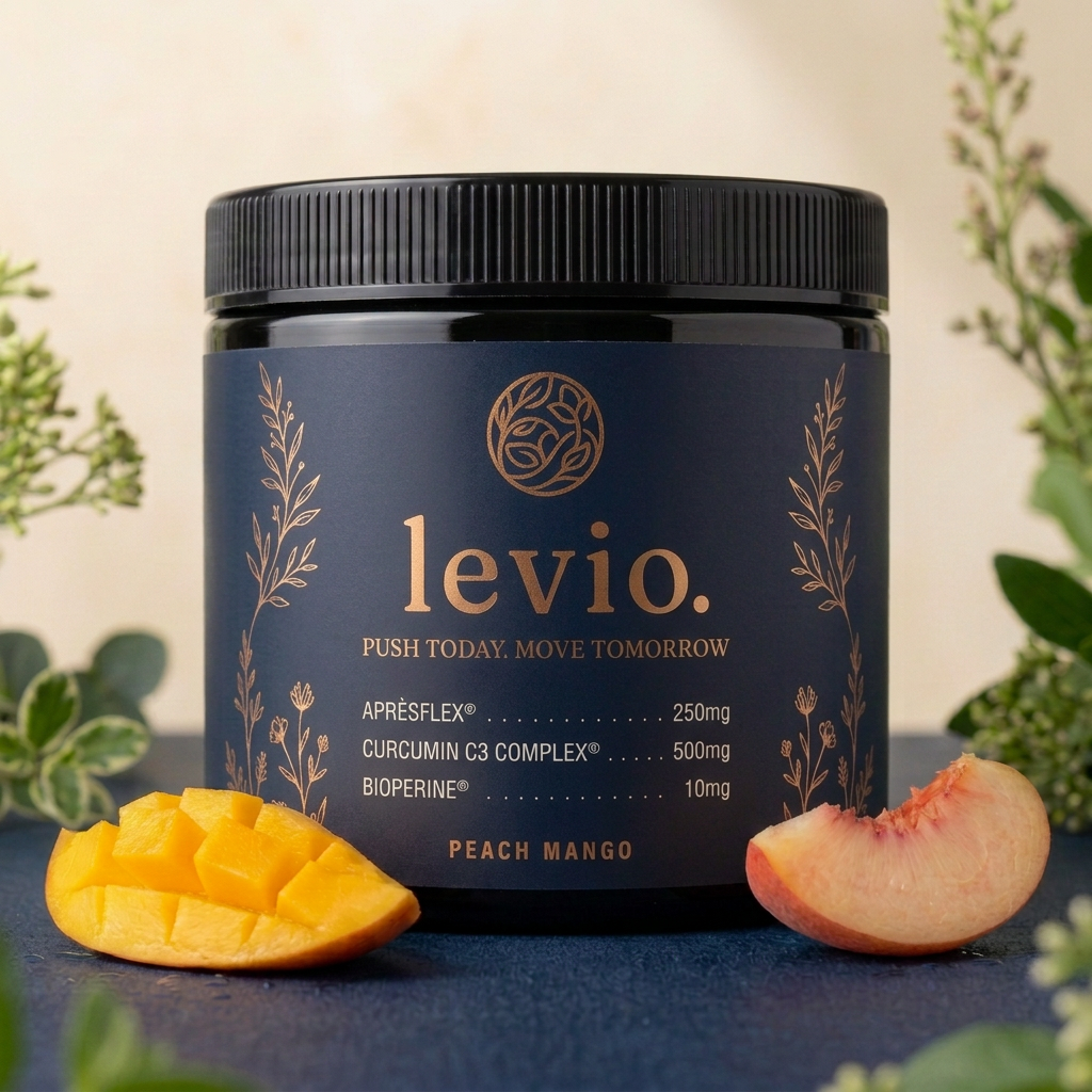 Macro detail of the Levio label typography showing printed milligram doses
